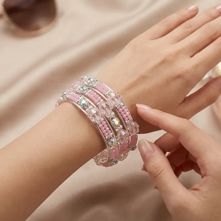Pink Crystal Beaded Chudi Bangles Set