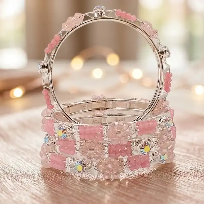 Pink Crystal Beaded Chudi Bangles Set