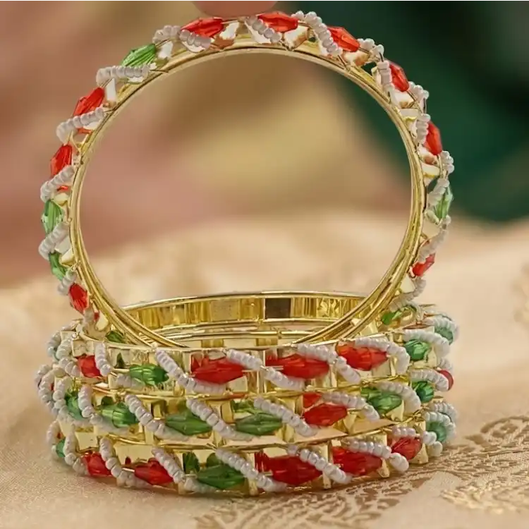 Tricolor Beaded Gold Finish Bangles Set (Chudi)