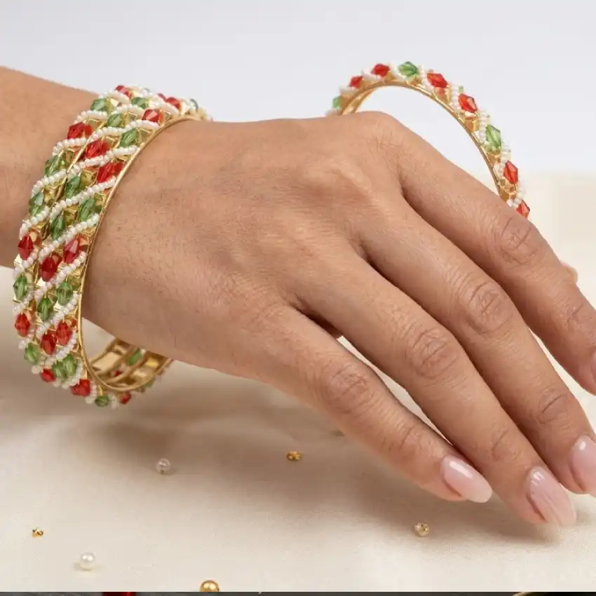 Tricolor Beaded Gold Finish Bangles Set (Chudi)