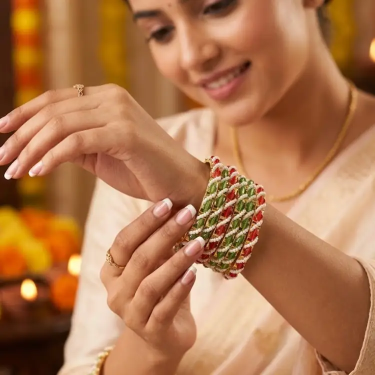 Tricolor Beaded Gold Finish Bangles Set (Chudi)