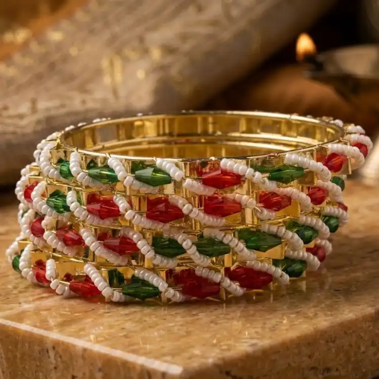 Tricolor Beaded Gold Finish Bangles Set (Chudi)